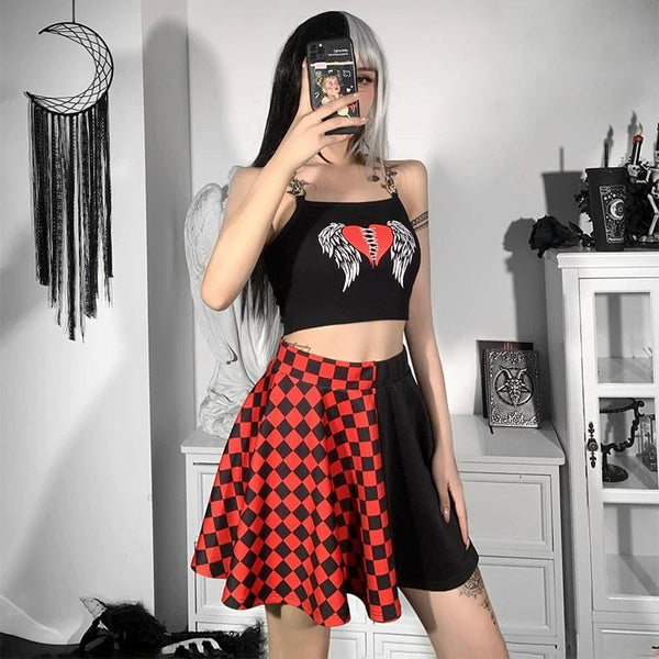 Red & Black Gothic Checkered Skirt