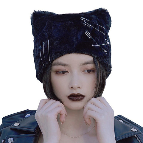 Dark Cat Ear Fluffy Hat