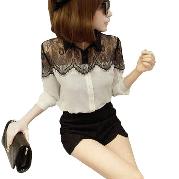 Long Sleeve Hollow Out Black Lace Chiffon Blouse